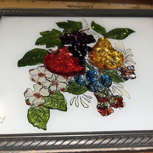 Vintage Reverse Painting On Glass with Foil Art - Fruit Signed J Young Framed - Picture 3 of 5